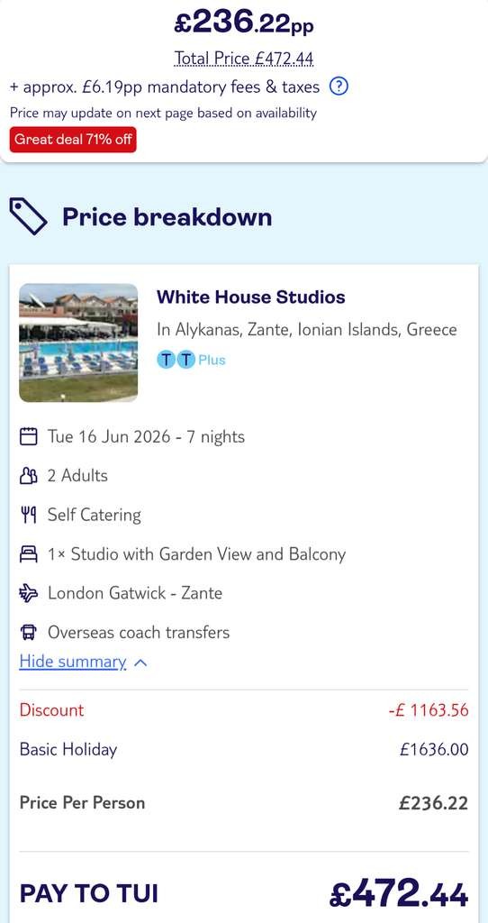 £33.74pp pn. Zante 7nts/2A 16-23 Jun, SC balc. TUI Gwk, 30kg, underseat, transfers, tax