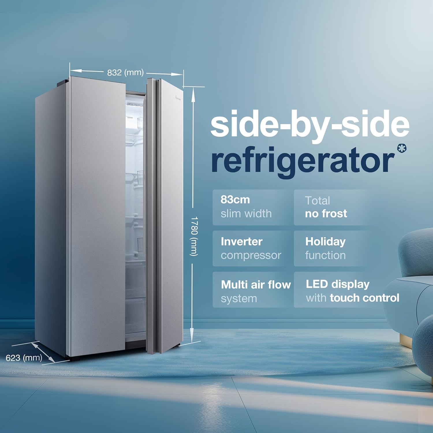Fridgemaster MS83430ES Freestanding Slim American Side by side Door Fridge Freezer, 441L, Total No Frost, Inverter compressor, Silver, 83.2x178.0cm, Energy Rating E