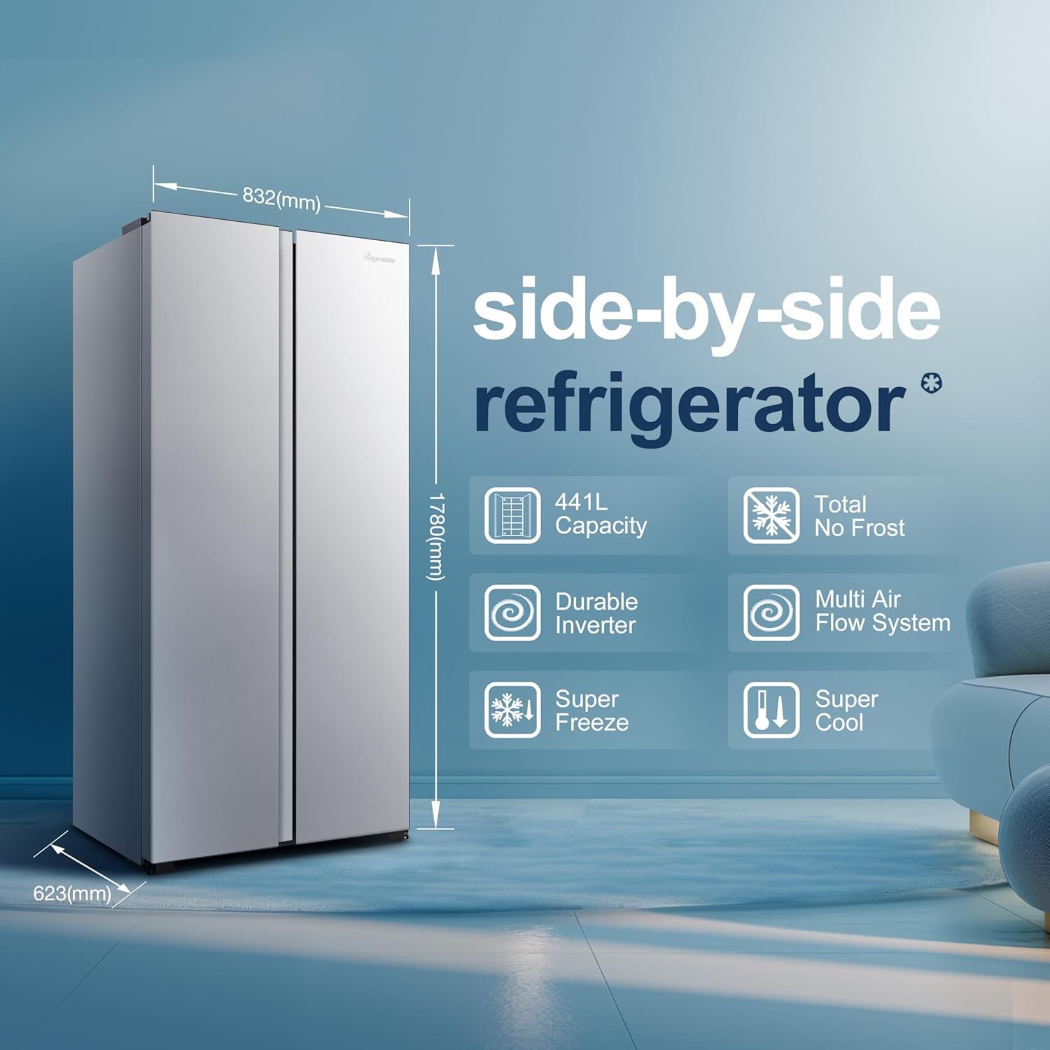 Fridgemaster MS83430ES Freestanding Slim American Side by side Door Fridge Freezer, 441L, Total No Frost, Inverter compressor, Silver, 83.2x178.0cm, Energy Rating E