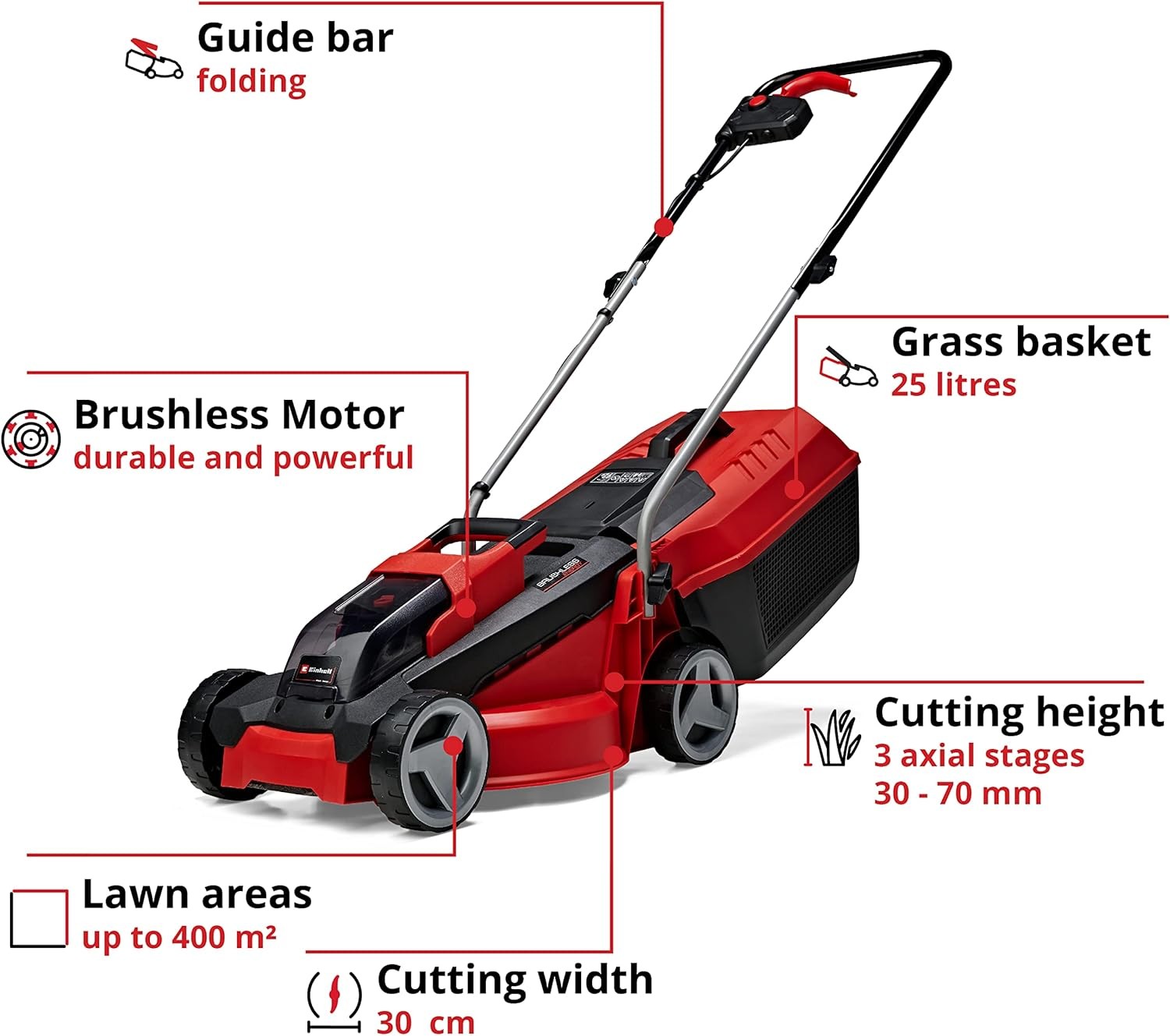 Einhell GE-CM 18/30 Li 18V Cordless Brushless Lawnmower with Battery and Charger, 30cm