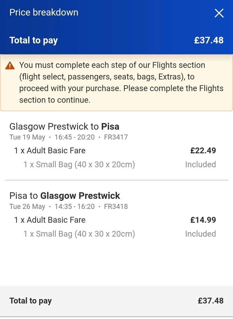 Ryanair return flights to Pisa from Glasgow Prestwick, 19-26 May, hand luggage 40x20x30cm