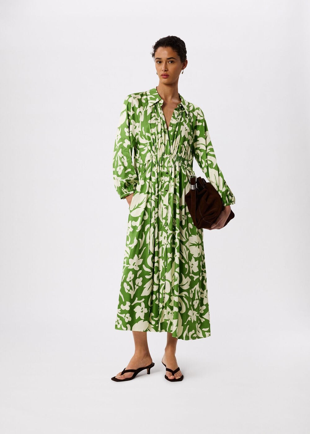 Green Floral Trapeze Shirt Dress