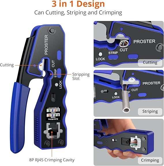 Proster RJ45 Crimp Tool, 3 in 1 Ethernet Crimping Tool Pass Through RJ45 Crimper for RJ45 Cat5/5e Cat6/6a Connector with Wire Stripper, 8P8C
