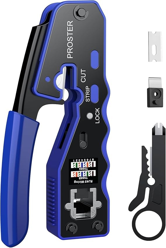 Proster RJ45 Crimp Tool, 3 in 1 Ethernet Crimping Tool Pass Through RJ45 Crimper for RJ45 Cat5/5e Cat6/6a Connector with Wire Stripper, 8P8C