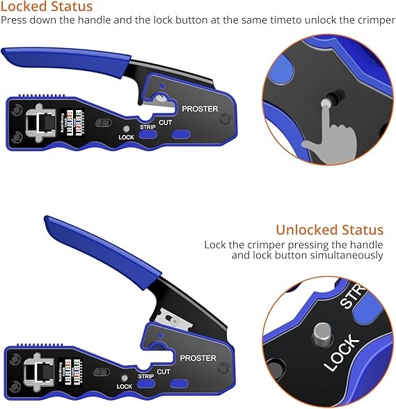 Proster RJ45 Crimp Tool, 3 in 1 Ethernet Crimping Tool Pass Through RJ45 Crimper for RJ45 Cat5/5e Cat6/6a Connector with Wire Stripper, 8P8C