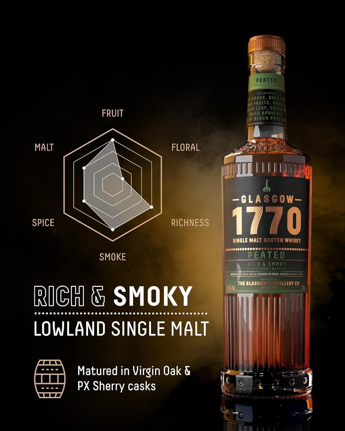 Glasgow 1770 Peated Single Malt Scotch Whisky 70cl Gift Box, 46% ABV