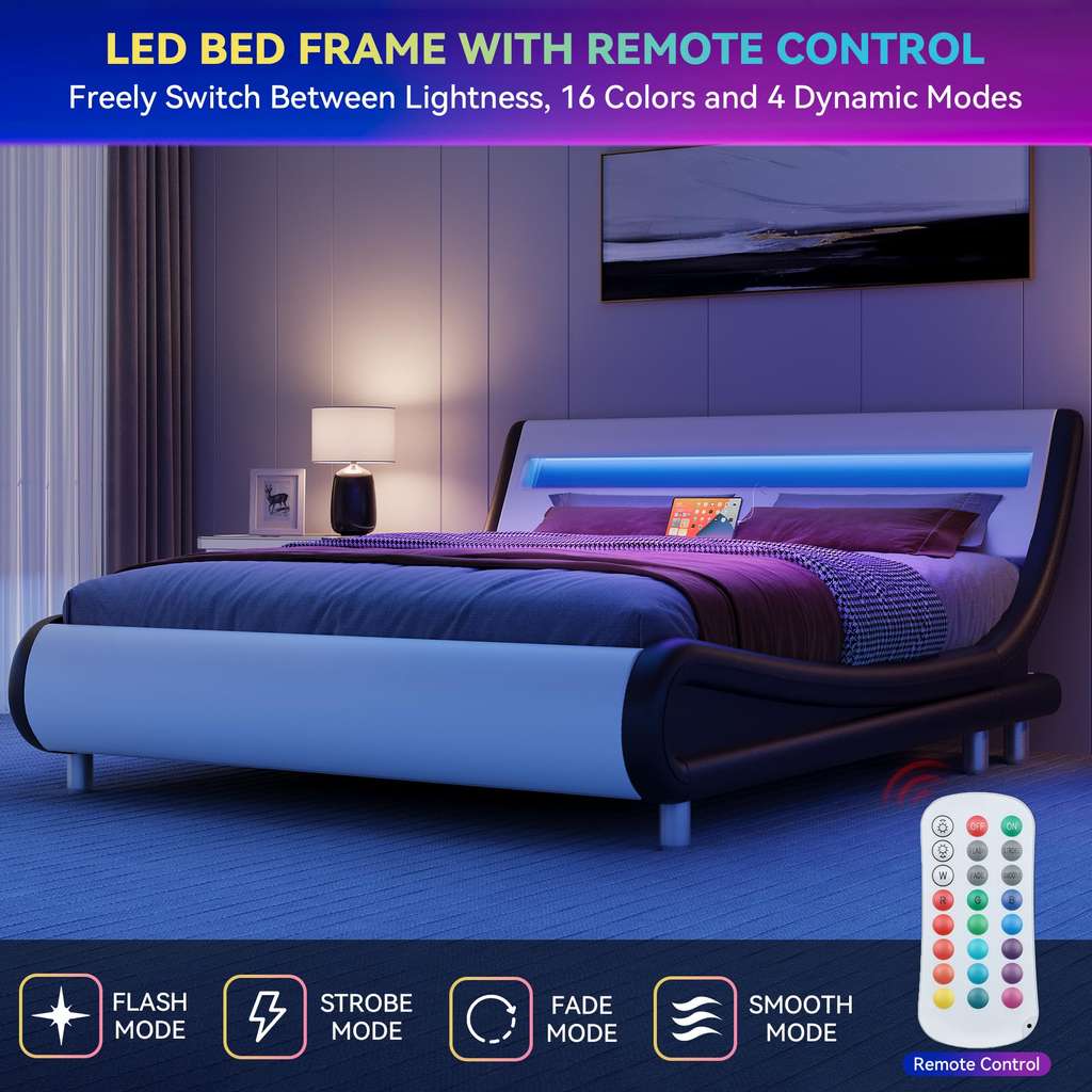 YITAHOME King upholstered bed frame with LED lights, storage & charging