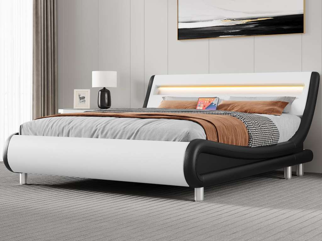 YITAHOME King upholstered bed frame with LED lights, storage & charging