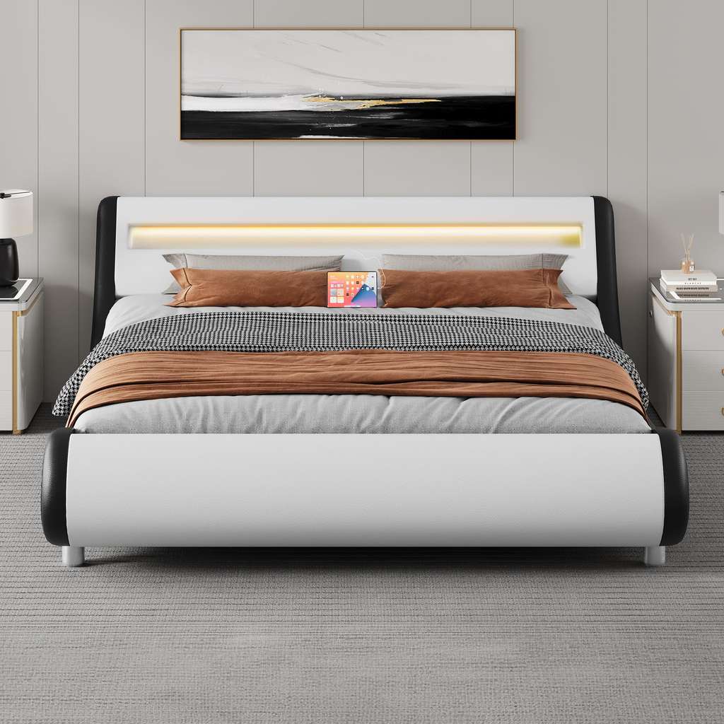 YITAHOME King upholstered bed frame with LED lights, storage & charging
