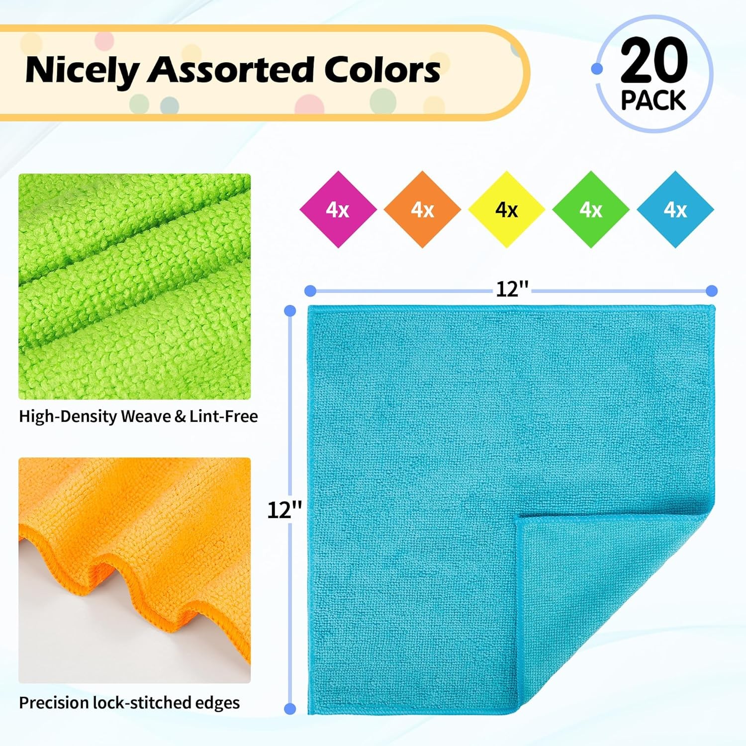 20 Pack Microfiber Cleaning Cloth, Lint-Free Car Wash Towels, 5 Colors