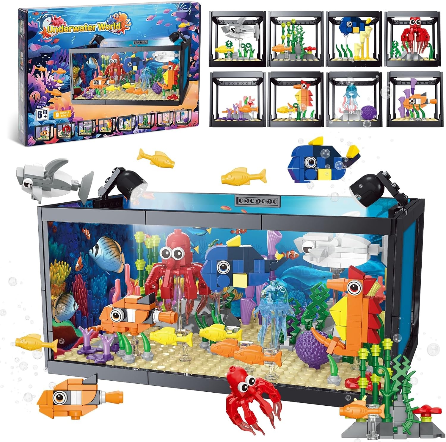 8 in 1 Fish Tank Building Set Marine Aquarium Toy with LED Light