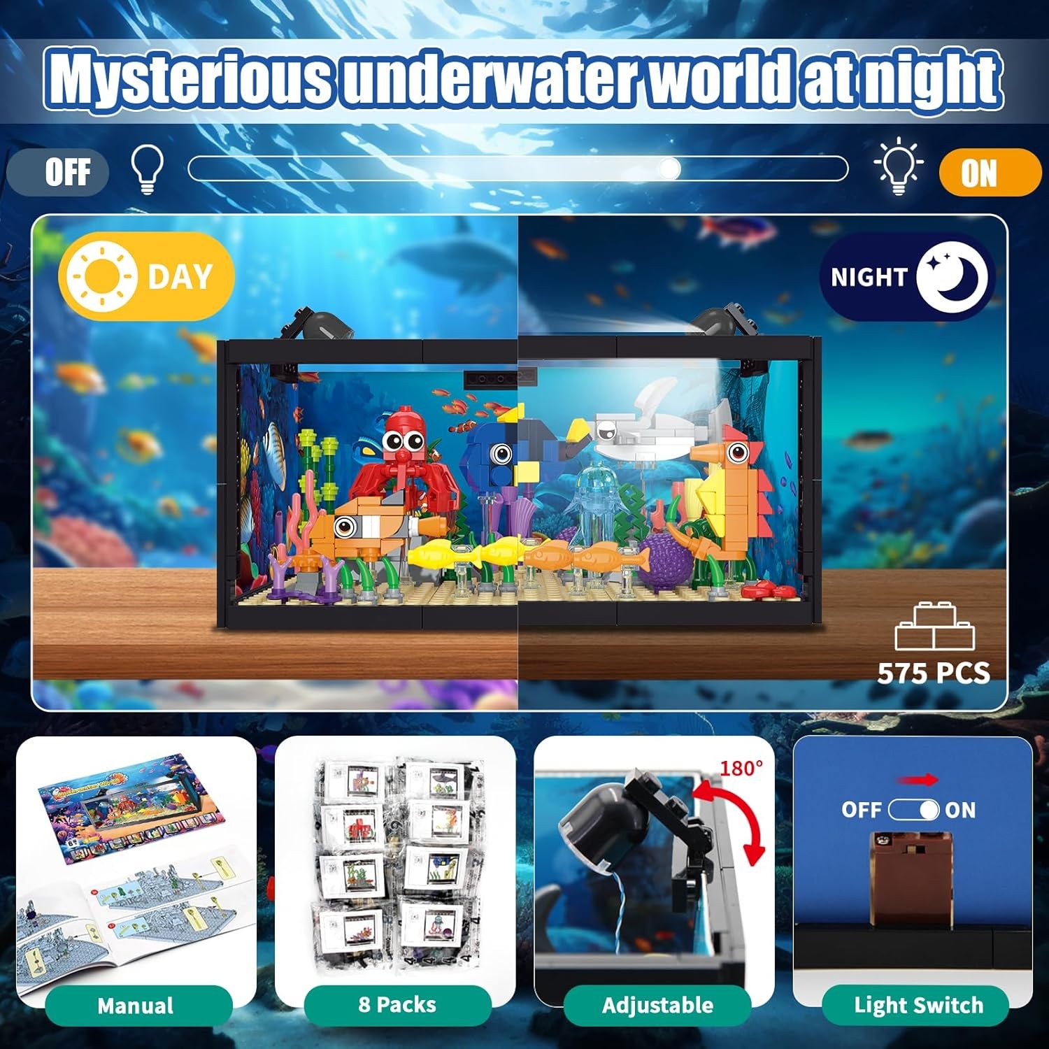 8 in 1 Fish Tank Building Set Marine Aquarium Toy with LED Light