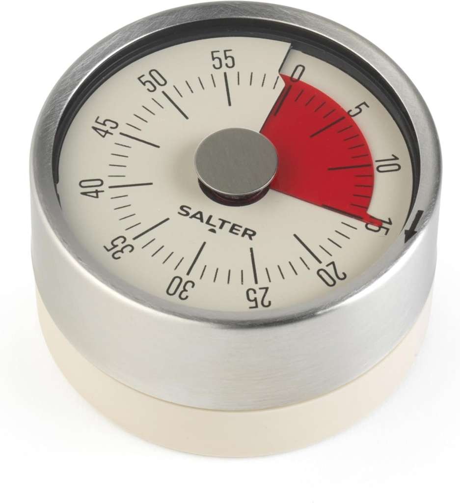 Salter mechanical timer, magnetic base, 60 min countdown, no batteries, stainless steel