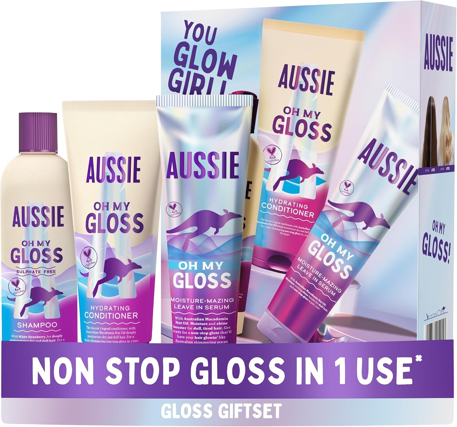Aussie Oh My Gloss Giftset: Hydrating Shampoo, Conditioner, Leave in Serum