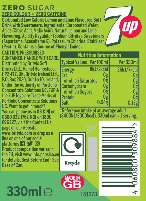 7UP Zero Lemon and Lime Cans 24 x 330ml