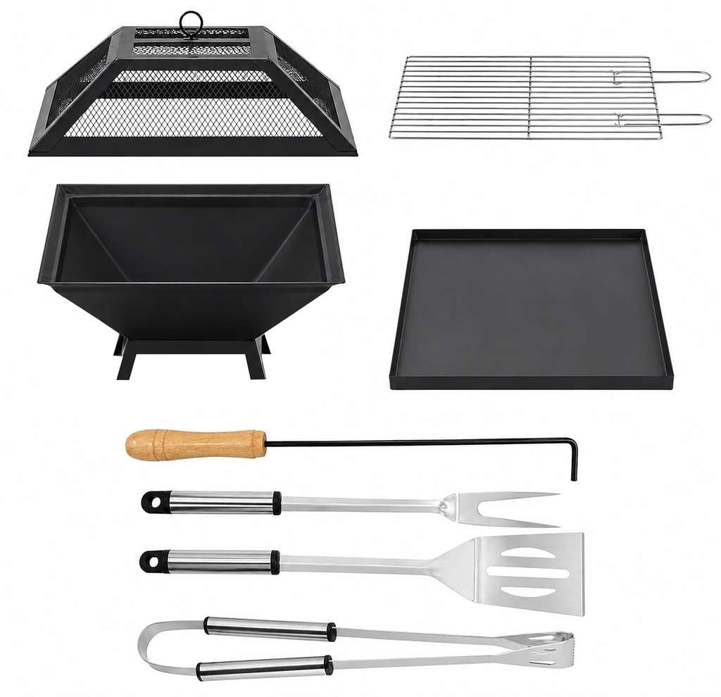 2-in-1 Square Fire Pit BBQ Grill 45cm Outdoor Wood Burner with Accessories