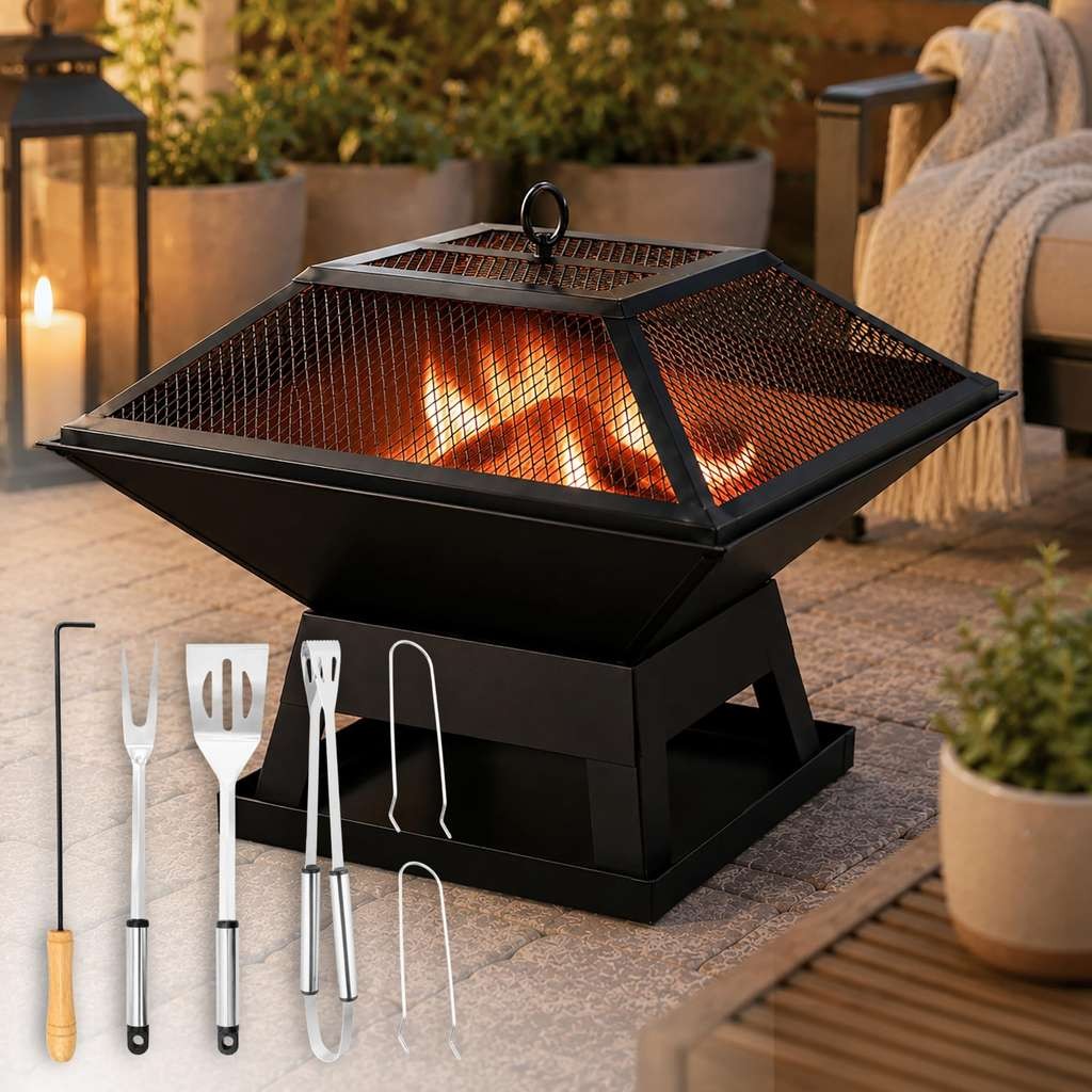 2-in-1 Square Fire Pit BBQ Grill 45cm Outdoor Wood Burner with Accessories
