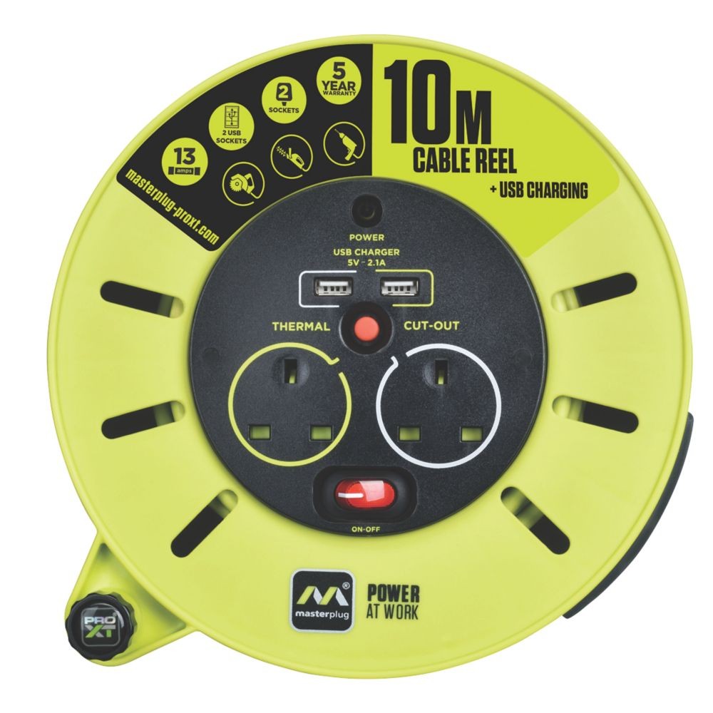 PRO XT 13A 2-Gang 10m Cable Reel with 2.1A 2-Outlet Type A USB Charger 240V