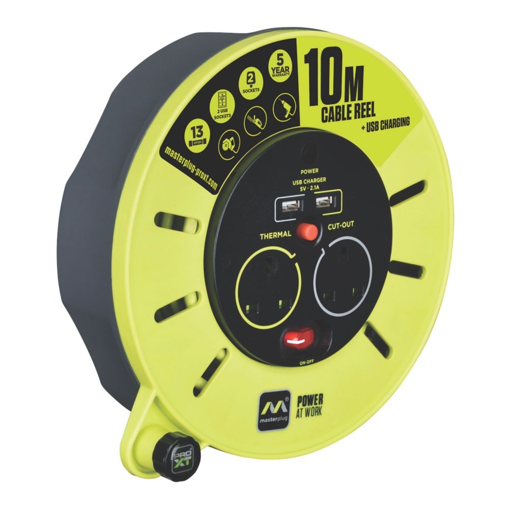 PRO XT 13A 2-Gang 10m Cable Reel with 2.1A 2-Outlet Type A USB Charger 240V