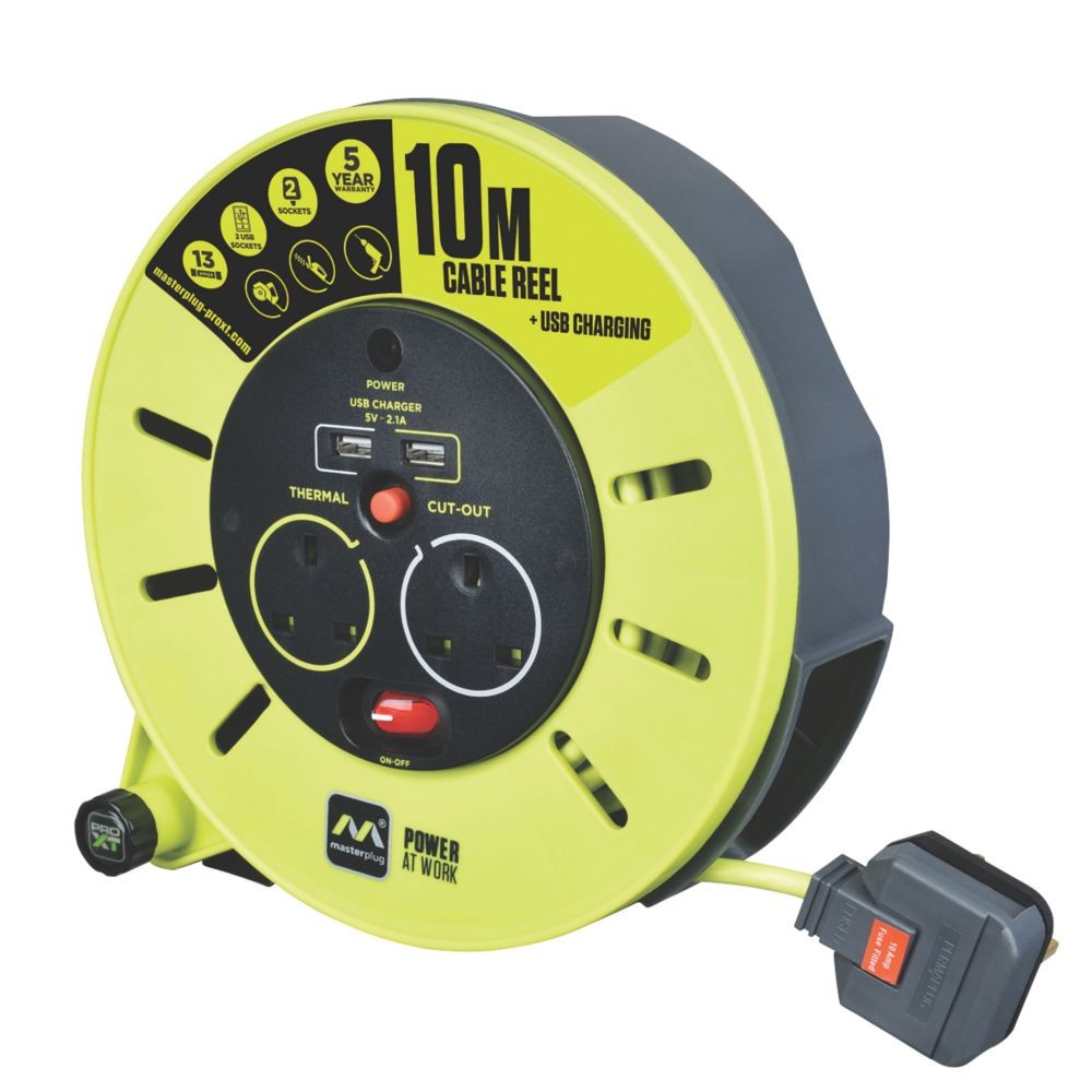 PRO XT 13A 2-Gang 10m Cable Reel with 2.1A 2-Outlet Type A USB Charger 240V