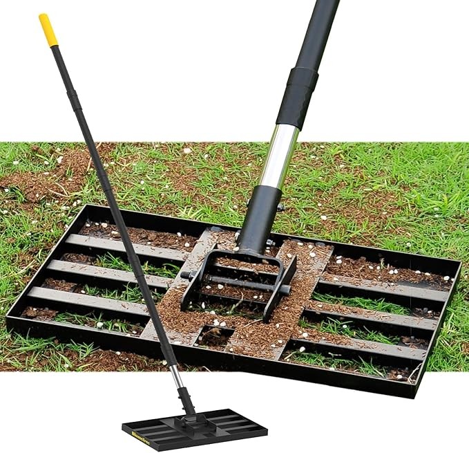 BlumeTrec Lawn Levelling Rake, 43x25cm, 204cm Handle, Heavy Duty Sand & Top Soil Spreader Leveler for Garden Lawn, Golf Course Ground Leveling Rake Fertiliser Level Lawn Tool