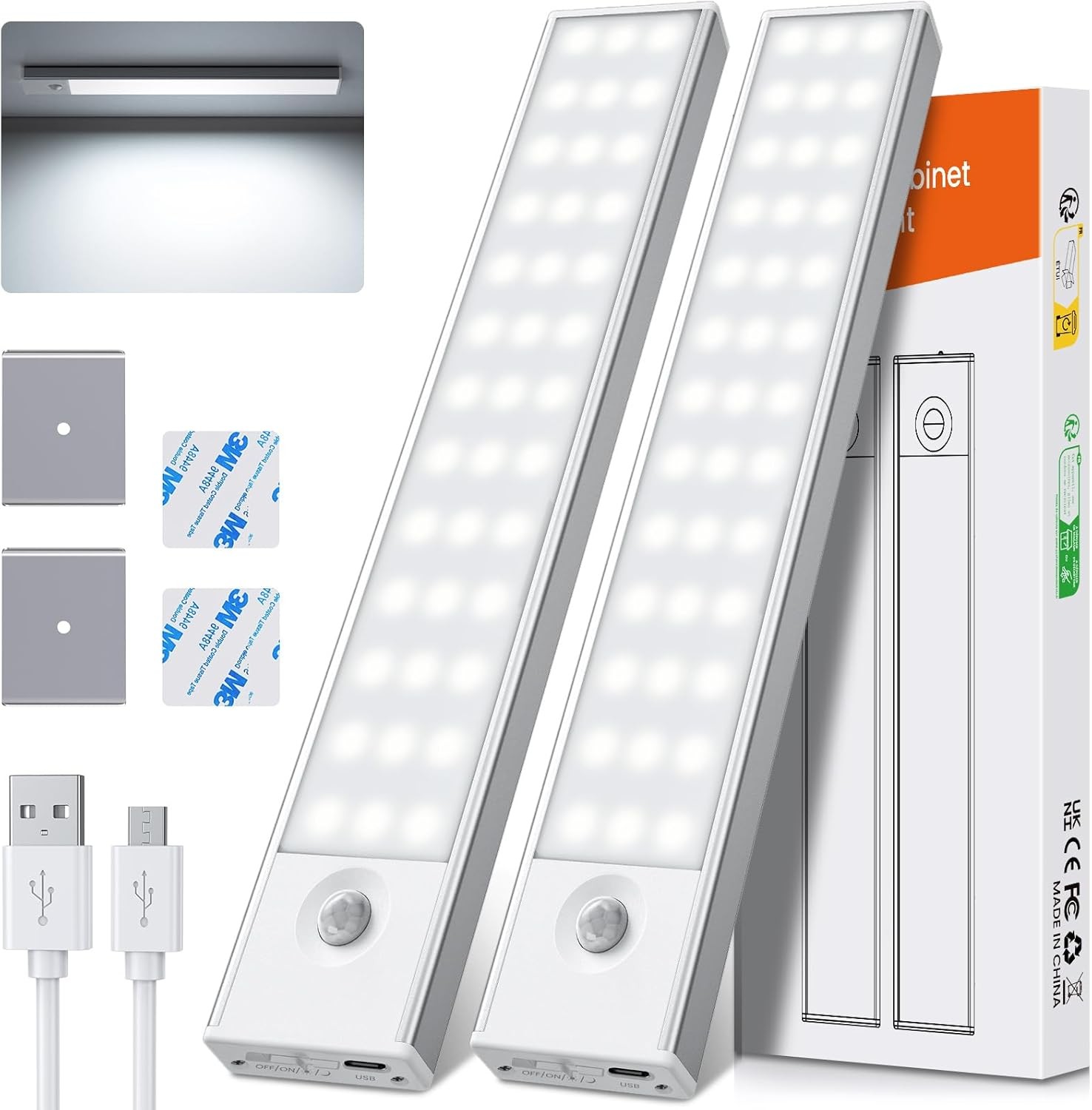 2Pcs 78LED Under Cabinet Kitchen Lights 6500K, Motion Sensor, Magnetic Stick-On