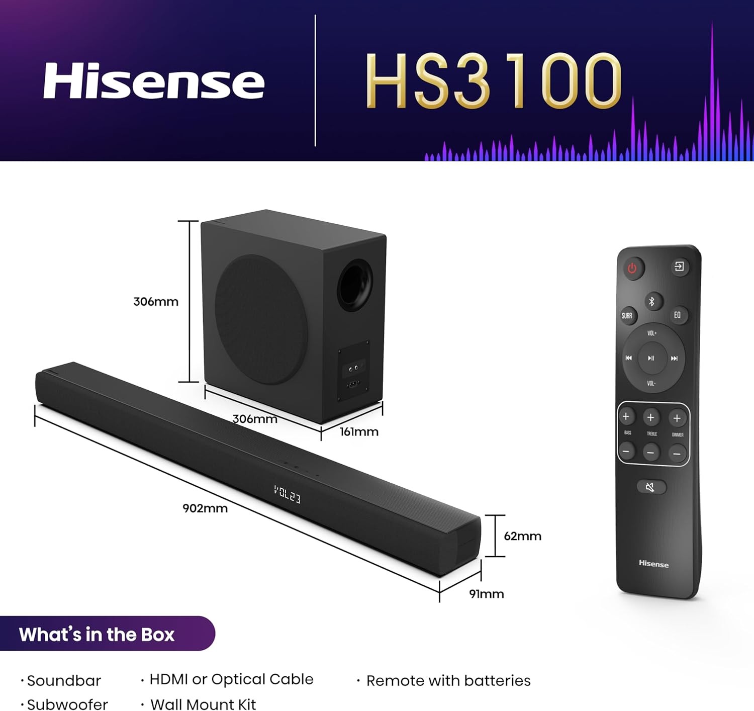 Hisense HS3100 Soundbar, 480W, 6.5 Inch Wireless Subwoofer, Rear Speakers