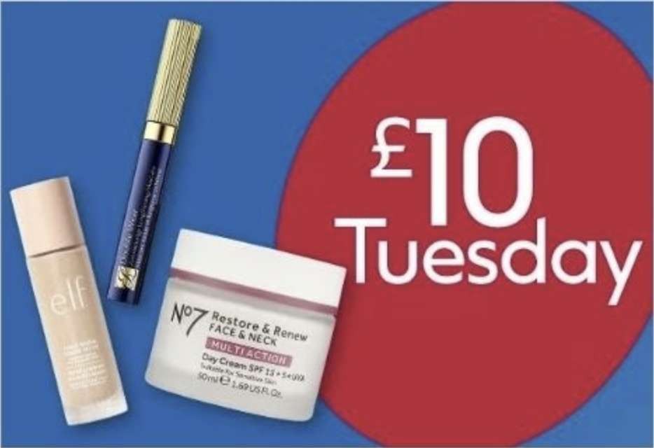 £10 Tuesday for loads of beauty brands, Fenty, ELF, L'Oreal and more. £1.50 C&C