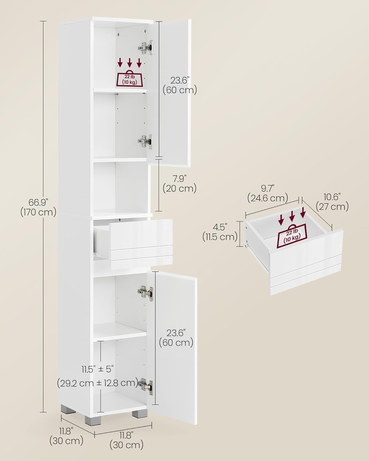 Vasagle Tall Bathroom Cabinet, Slim Storage Cabinet, 30 x 30 x 170 cm, White BBC560P31