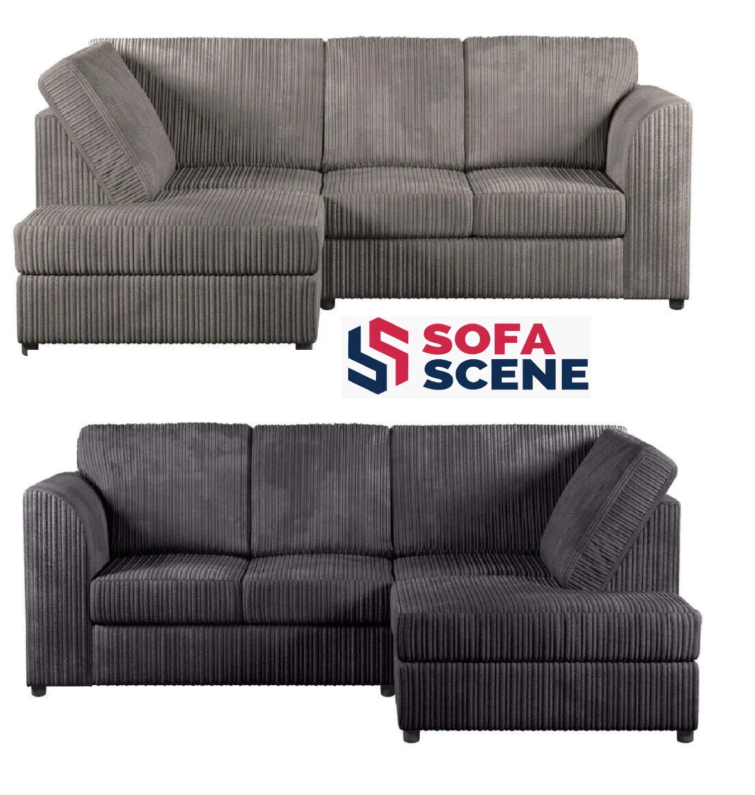 Jumbo Cord High Back Corner Sofa Suite Set with Footstool, 3 and 2 Seater, Grey