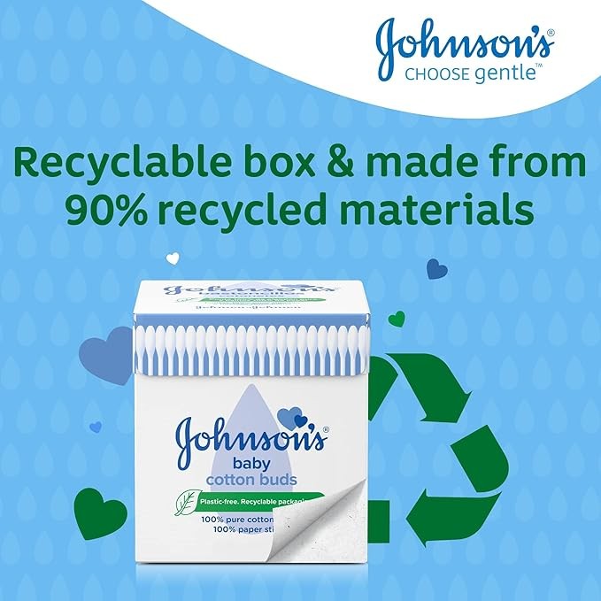 Johnson's Baby Cotton Buds, 1 x Pack of 200, Soft and Gentle Ear Buds, 100% Pure Cotton and Paper Sticks, Plastic-Free