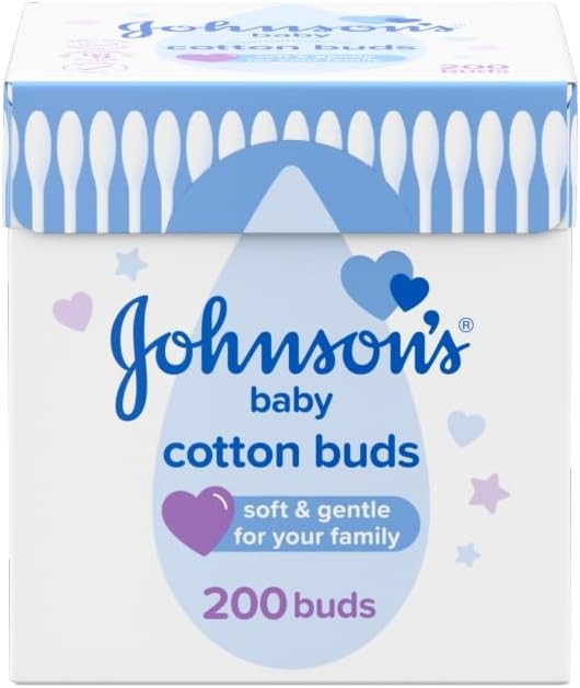 Johnson's Baby Cotton Buds, 1 x Pack of 200, Soft and Gentle Ear Buds, 100% Pure Cotton and Paper Sticks, Plastic-Free