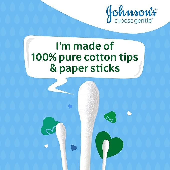 Johnson's Baby Cotton Buds, 1 x Pack of 200, Soft and Gentle Ear Buds, 100% Pure Cotton and Paper Sticks, Plastic-Free
