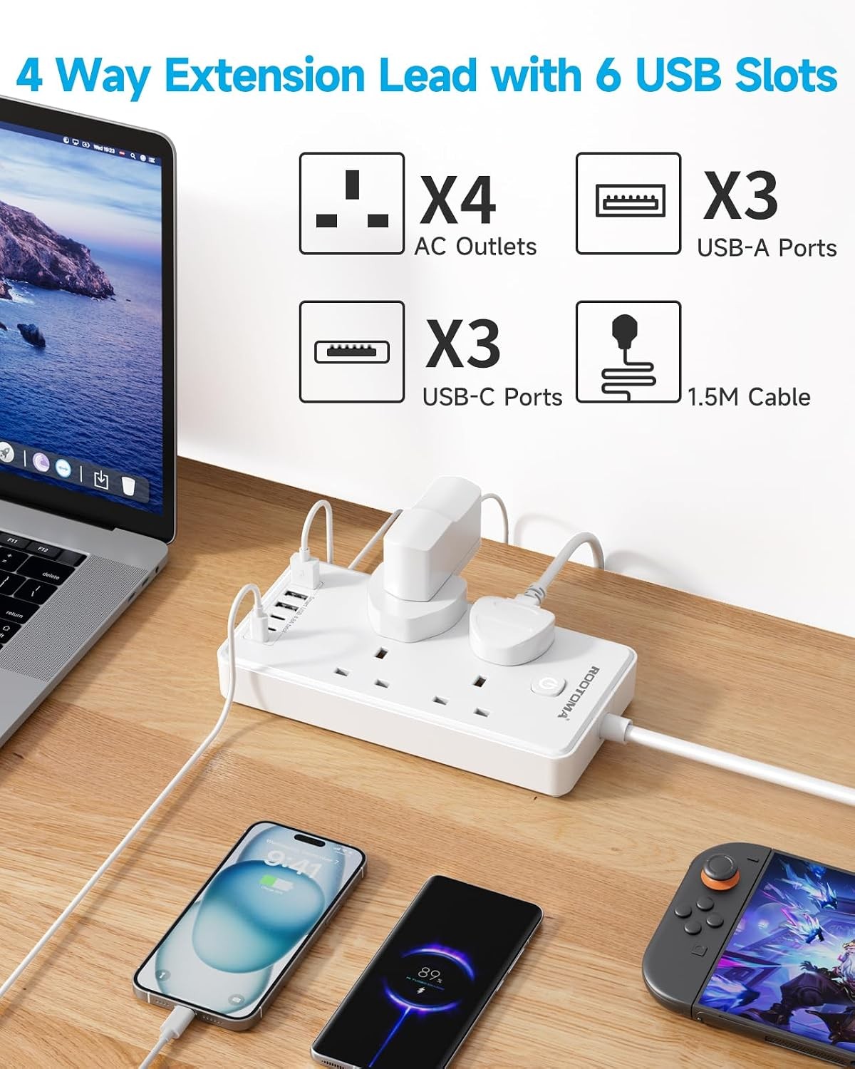 Extension Lead with 6 USB Slots (3 USB C), 4 Way Surge Protected, 1.5M, White