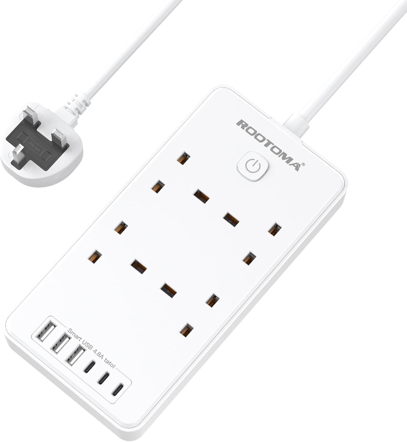 Extension Lead with 6 USB Slots (3 USB C), 4 Way Surge Protected, 1.5M, White