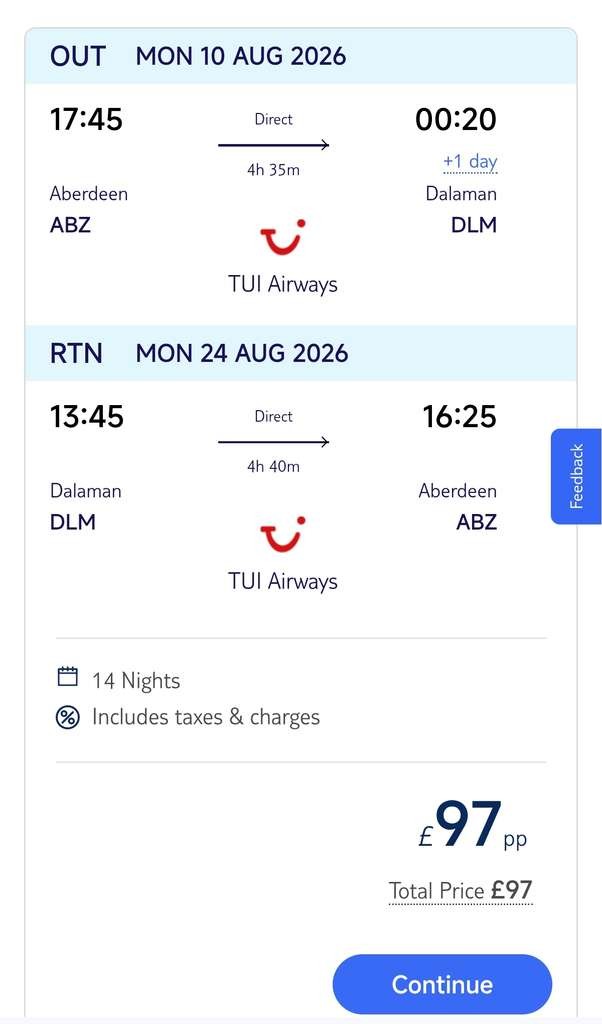 Return Flights to Dalaman, Turkey from Aberdeen with TUI, 10-24 August