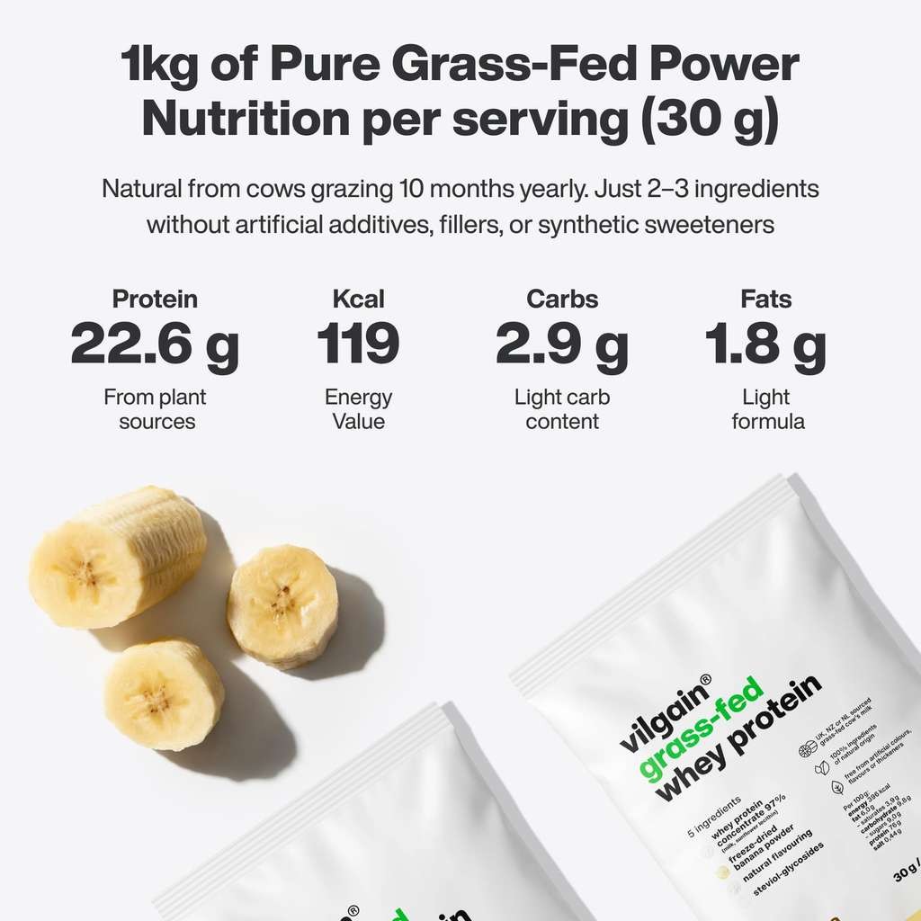 Vilgain Grass-Fed Whey Protein Powder, Banana flavour, 1kg
