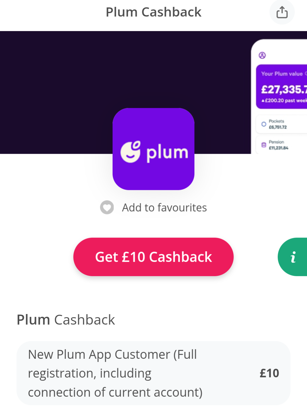 Free £10 cashback for opening a free Plum savings account via TopCashback