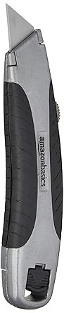 Amazon Basics Soft Grip Ret retractable Box Cutter with 3 Replaceable Blades, Black/Silver