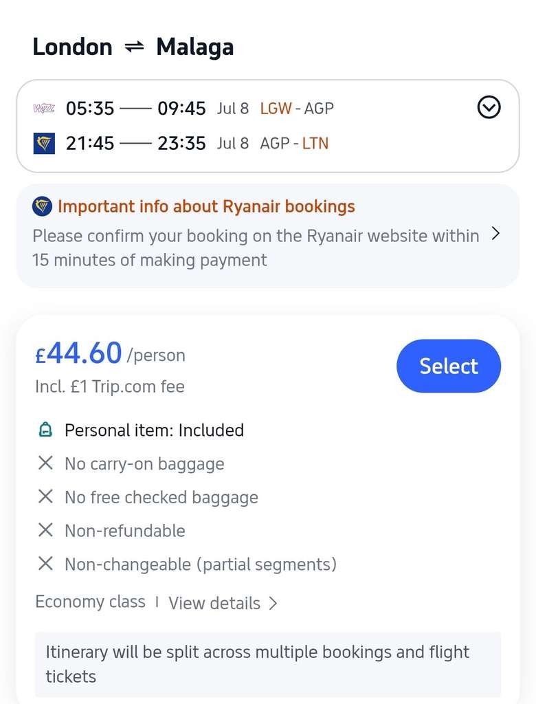 Malaga extreme day trip 8 July, LGW return LTN, early/late flights, 40x20x30cm hand luggage