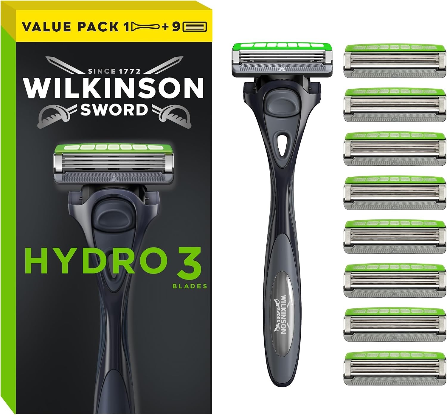 Wilkinson Sword Hydro 3 Men's Razor Handle, 8 Blade Refills
