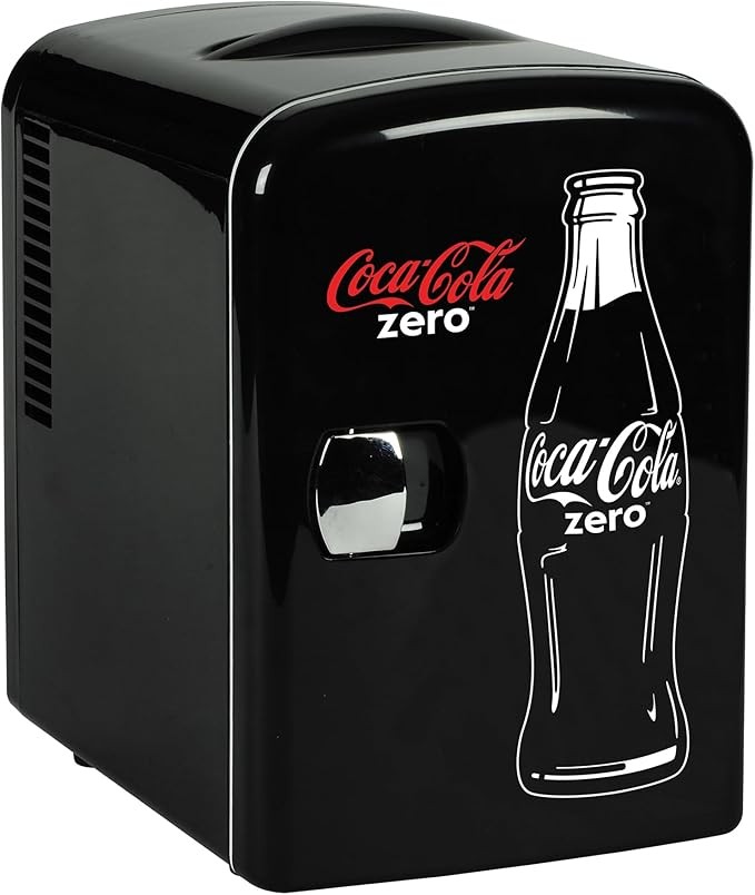 Coca Cola Coke Zero Mini Fridge, 4L, 6 Can, Table Top, Quiet, Skincare, Office, Food, Drinks, Kids, Home, Car & Travel, 12V Portable Cooler Warmer Refrigerator, Classic Black