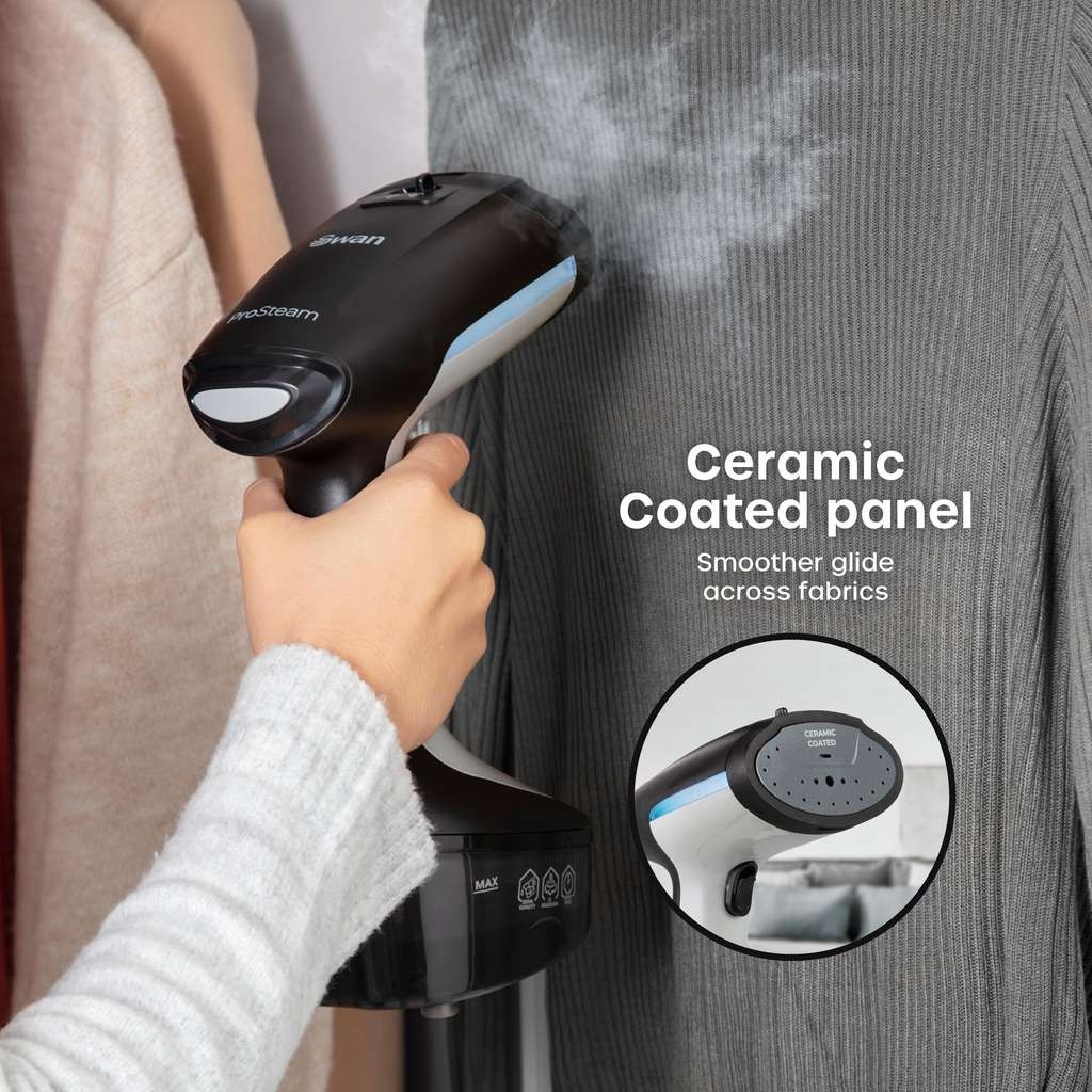Handy Swan SI12022N portable garment steamer, 1500W, ceramic coated, jet steam, 300ml tank, black