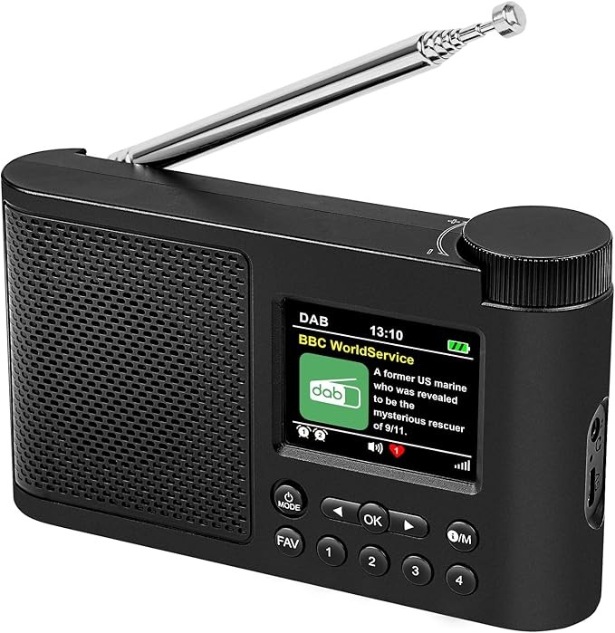 WOVTE DAB Portable Digital Radio, Rechargeable Battery or Mains Powered, Small FM Radio with Bluetooth Alarm Clock Sleep Timer, Black (Colour Display Arc Edge Design)
