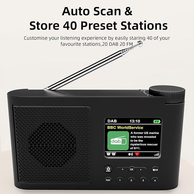 WOVTE DAB Portable Digital Radio, Rechargeable Battery or Mains Powered, Small FM Radio with Bluetooth Alarm Clock Sleep Timer, Black (Colour Display Arc Edge Design)