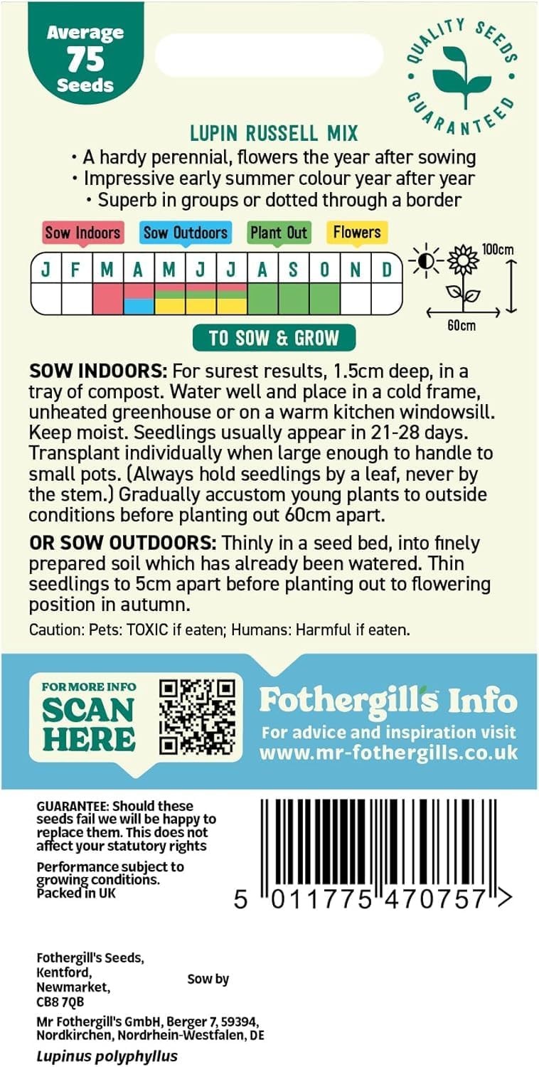 Fothergill's Lupin Russell Mixed Flower Seeds, 75 Seeds, Sow: Mar-Jul, Purple/Blue