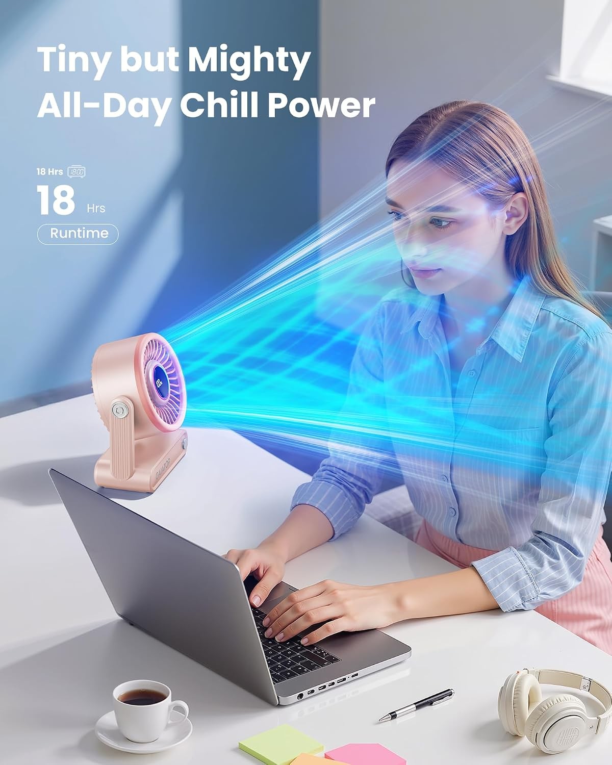 gaiatop Rechargeable Desk Fan with Power Bank, 6000mAh Battery, RGB Ring, 18Hrs Runtime, 5-Speed, Pink