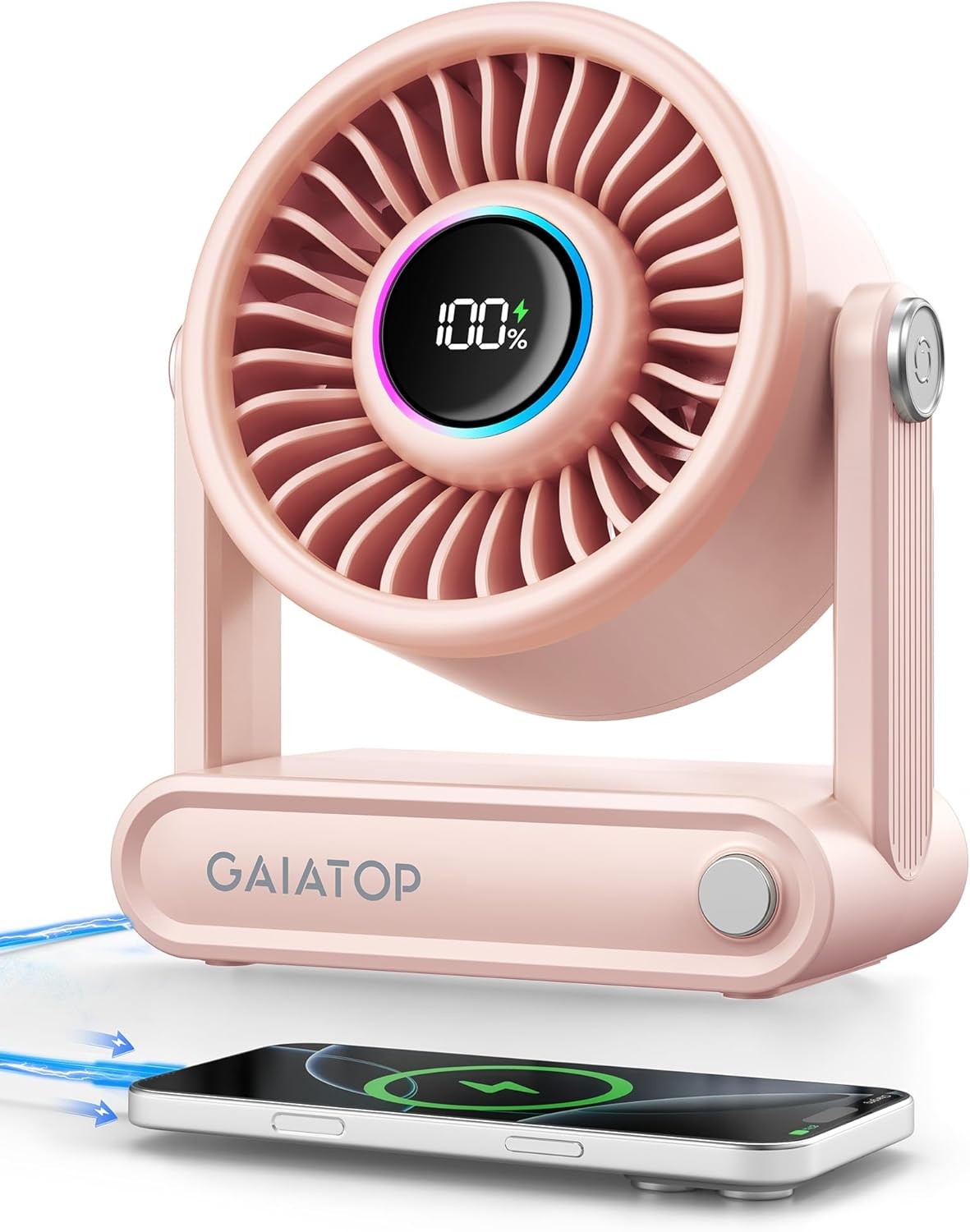 gaiatop Rechargeable Desk Fan with Power Bank, 6000mAh Battery, RGB Ring, 18Hrs Runtime, 5-Speed, Pink
