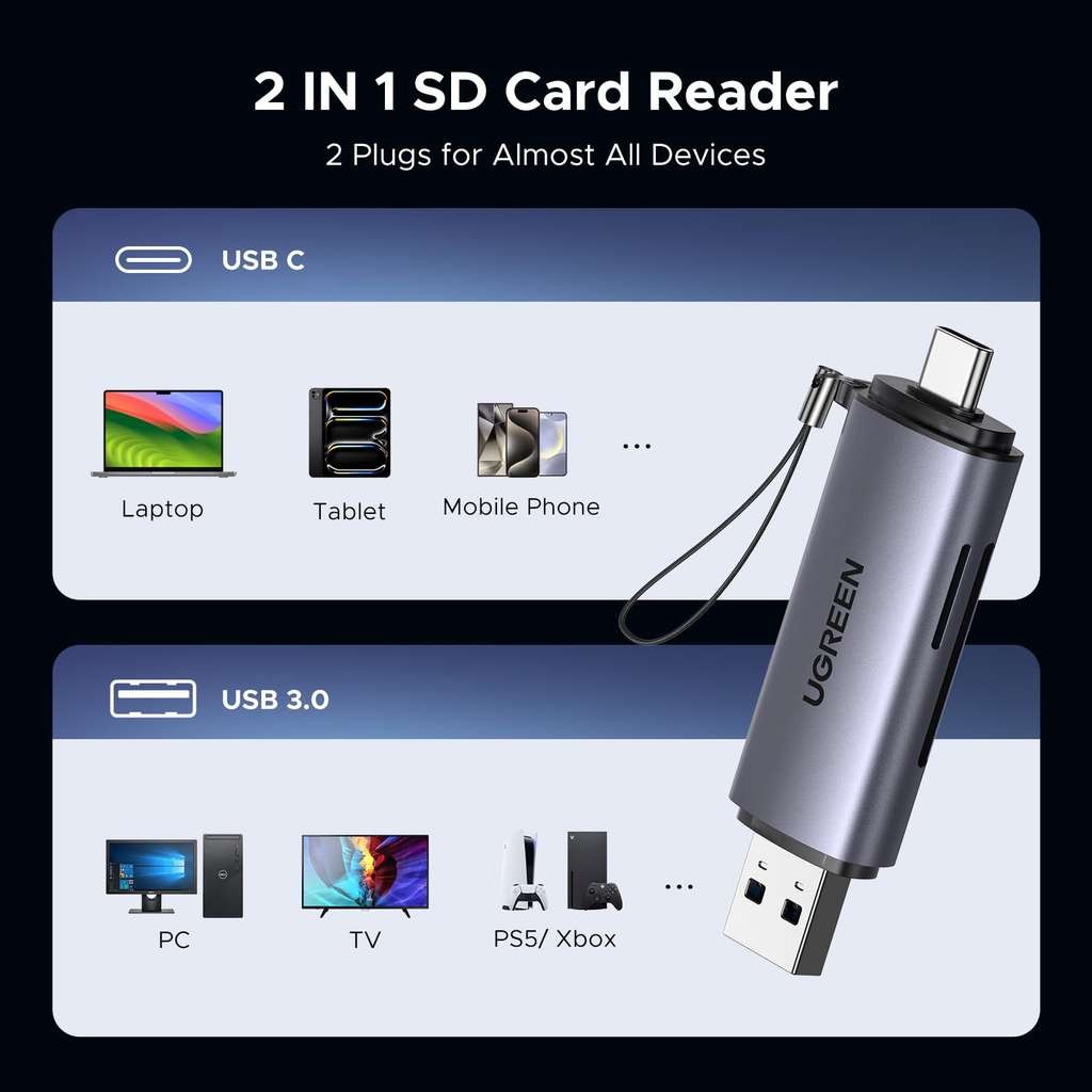 UGREEN USB SD Card Reader 3.0, USB-C and USB 3.0 Memory Card Reader (Prime Exclusive)
