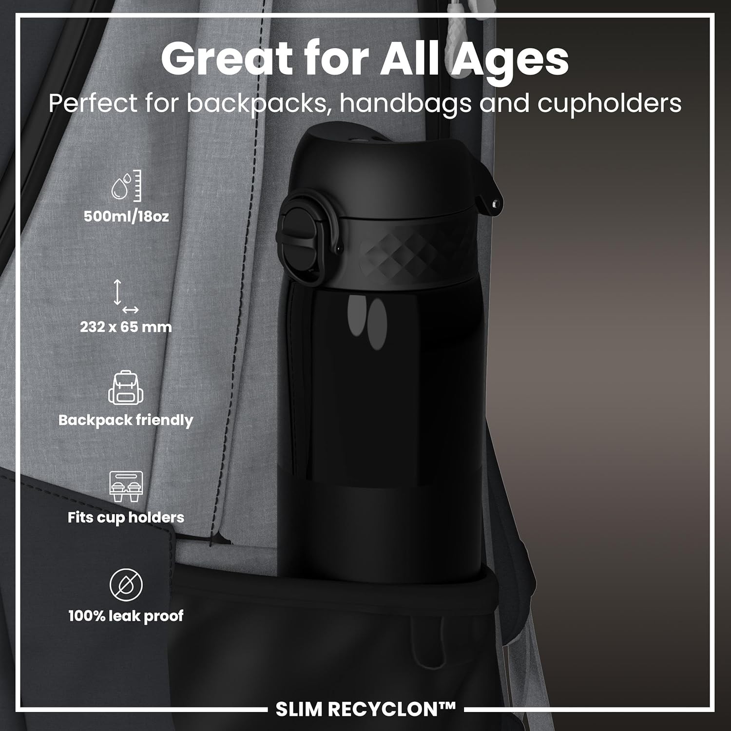 Ion8 Water Bottle, 500 ml/18 oz, Leak Proof, Easy to Open, Secure Lock, Dishwasher Safe, BPA Free, Hygienic Flip Cover, Carry Handle, Fits Cup Holders, Easy Clean, Carbon Neutral, Half Cut Black